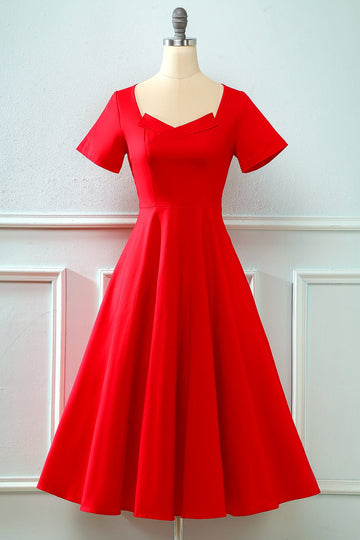 Vestido vermelho retro de colarinho quadrado de 1950